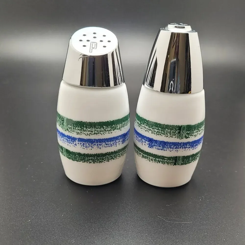 Vintage Gemco 70s Salt Pepper Shakers Stripe Chrome Top Retro Kitchen MCM